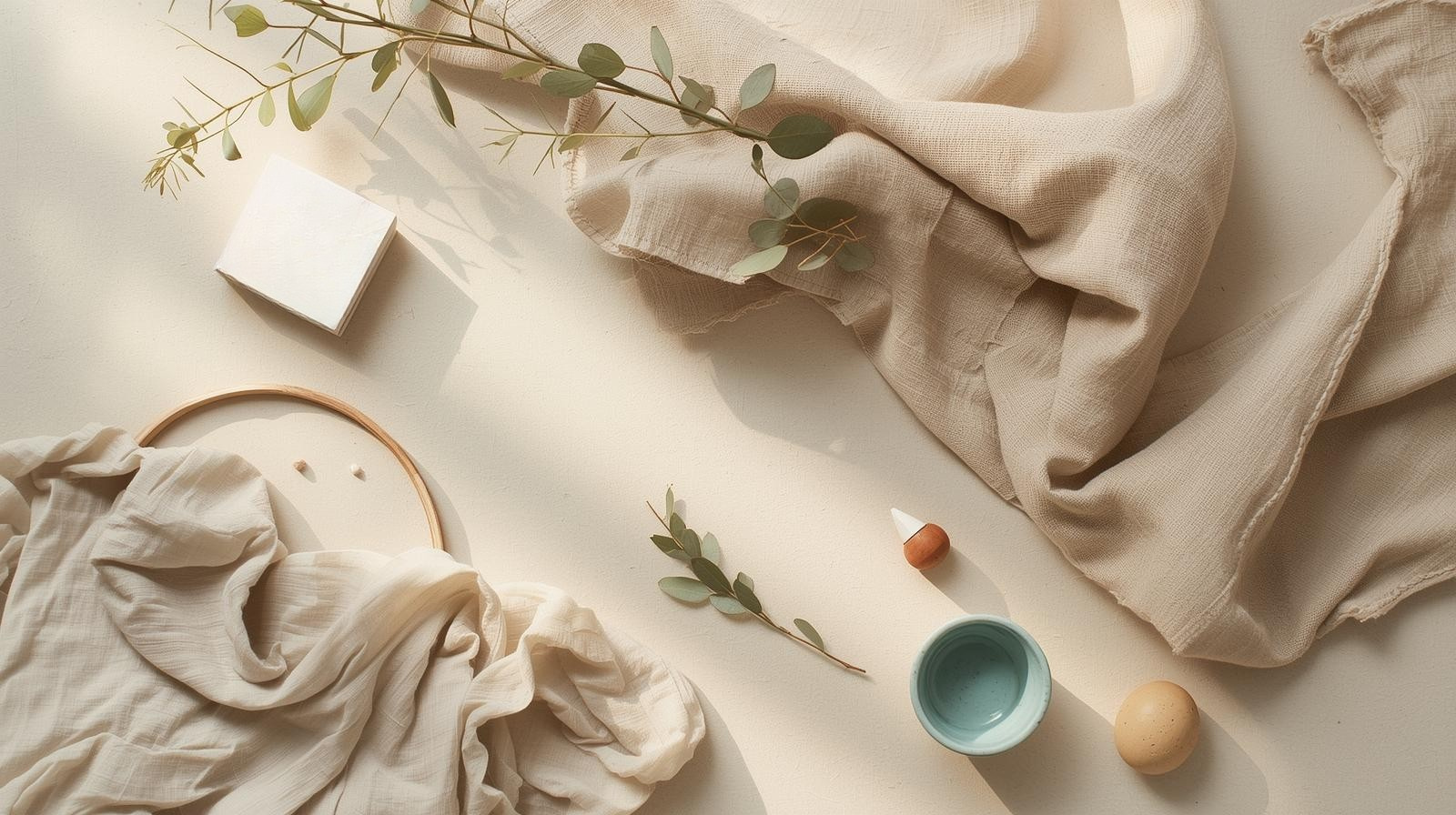 Soft natural textures such as linen, ceramic, or greenery