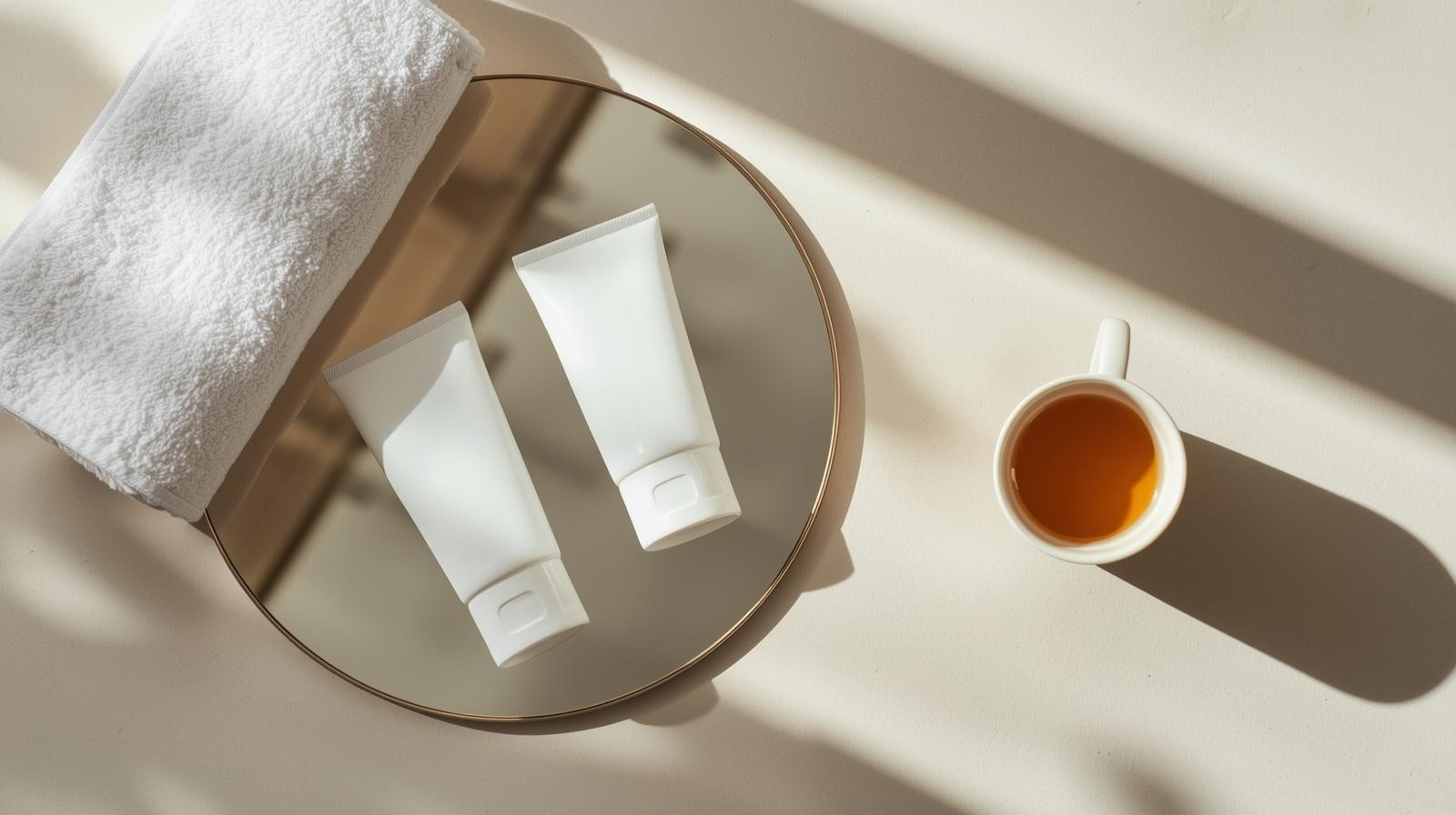 Clean image of tea cup, toothpaste tube, and towel on a mirror